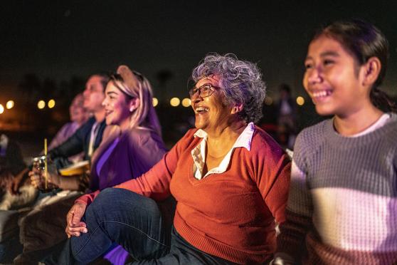 A group of people sitting outside at a concert